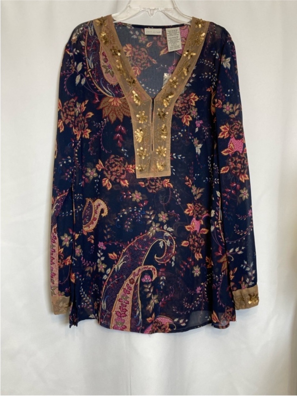 NWT White Stag Navy Floral & Sequin Sheer Boho Blouse - Ladies M (8/10)